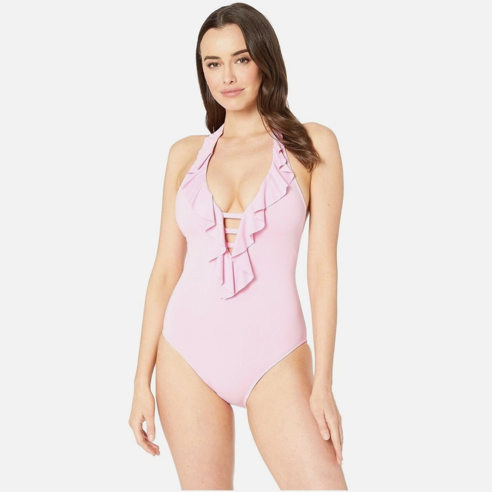 Bleu Rod Beattie Women's Pink Plunge Ruffle One-Piece Swimsuit Size 8 Coquette